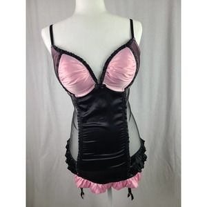 V Secret Pink Satin Black Lace Bustier / Corset